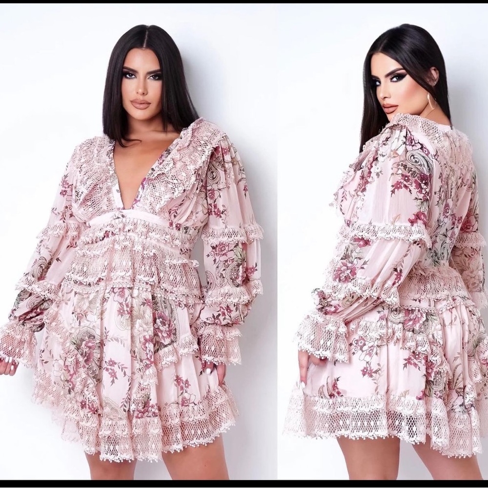 Puteria Boutique Sweet Garden Midi Floral V-Neckline Zipper  Lace Detail Dress